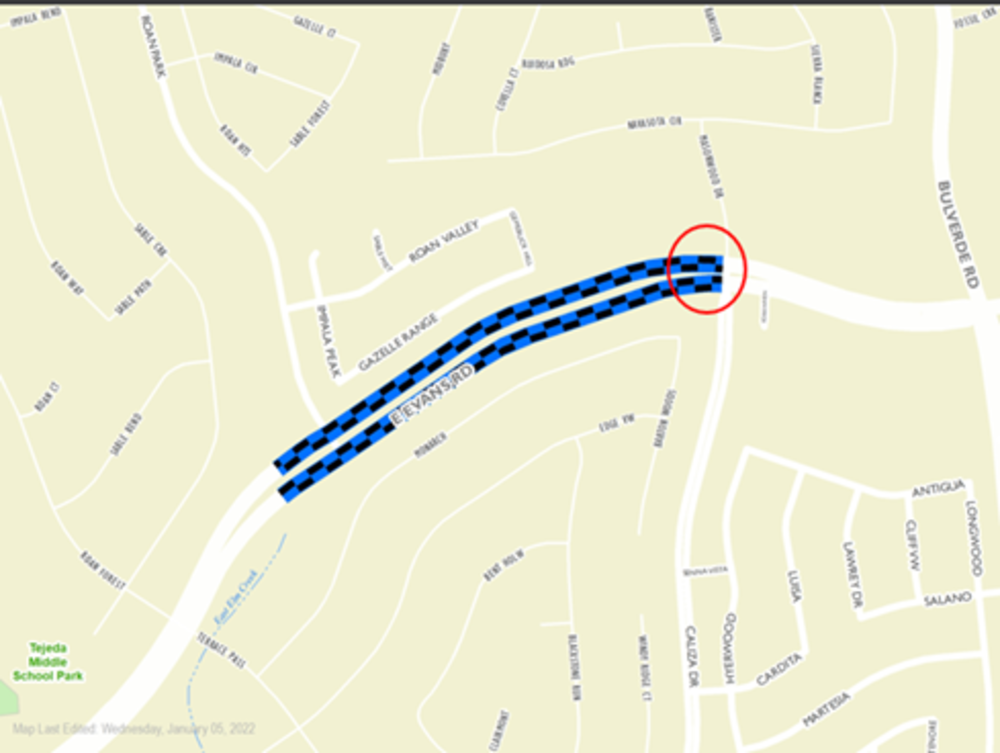 Map of East Evans Rd and Masonwood Dr with a red circle to indicate the project location.
