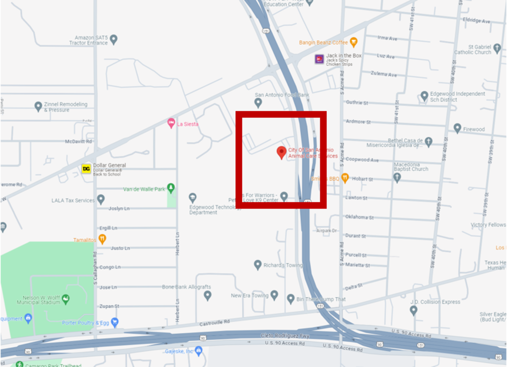 Mapa de la ubicación con el campus de Cuidado Animal resaltado por un cuadrado rojo.
